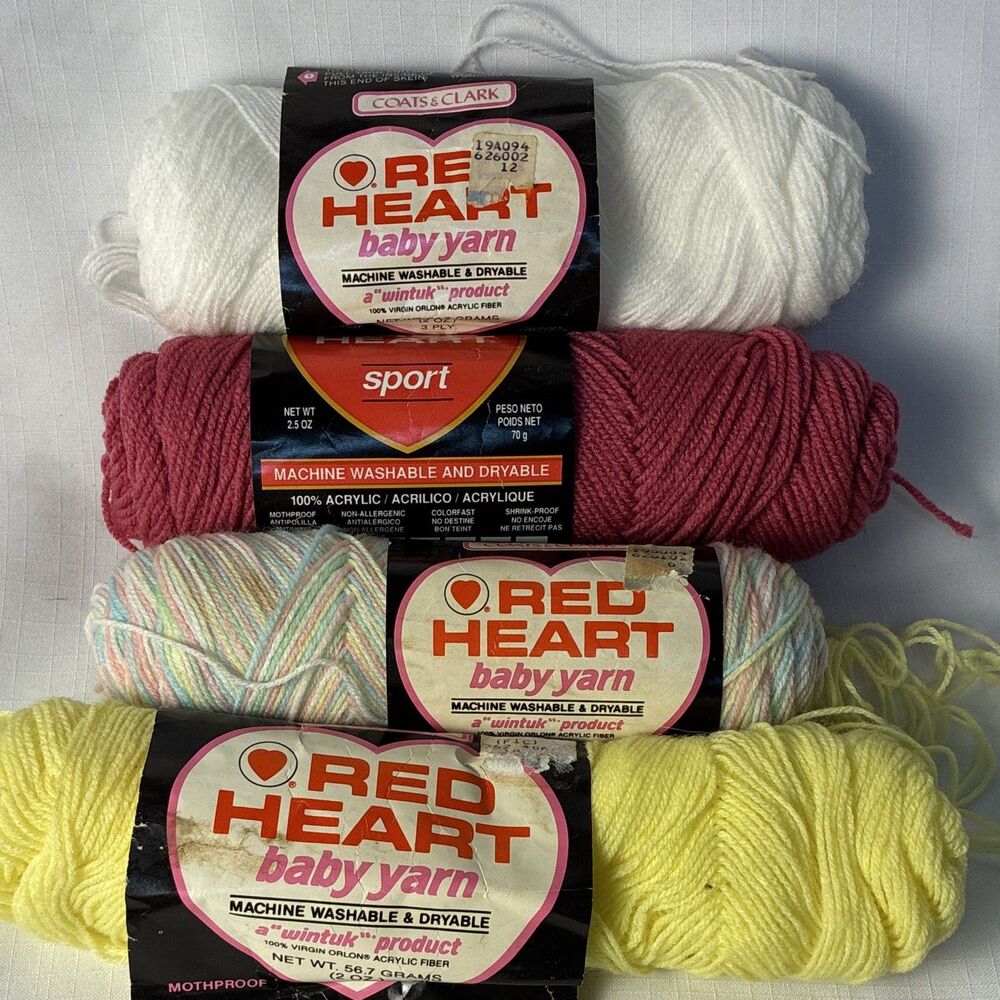 Red Heart Baby Yarn Lot of 4 Sport Weight Acrylic Skeins White Pink Yellow